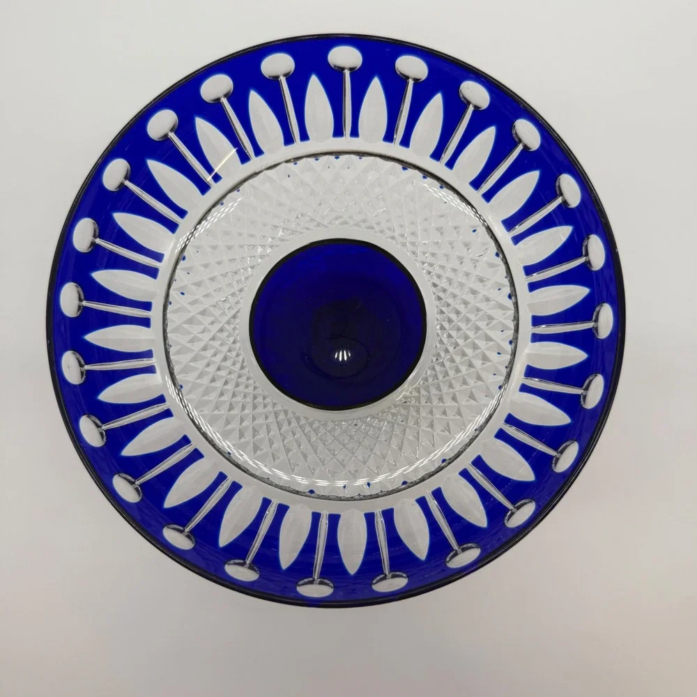 Galbiati Hungary Hand Cut Cobalt Blue Cased Crystal Pedestal Compote Bowl 24% Pb